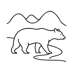 Poster - Line art a bear walking on a path with mountains in the animal wildlife