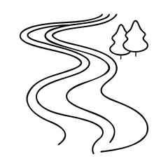 Poster - Line art a winding river two stylized evergreen trees on stream water