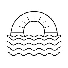Poster - A sun rising over wavy water with a simple line art style waves ocean