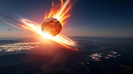 fiery celestial body colliding with earth from above dramatic aerial view of a cosmic impact event