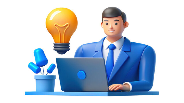 3d businessman with lightbulb and laptop isolated on transparent background