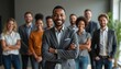 © Pete - Successful African American CEO leads diverse team in modern office. Confident businessman with folded arms oversees joyful pro group. Collaboration, success, teamwork, innovation. Corporate culture,
