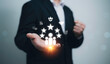 © ACHJIMA - Businessman showing customer satisfaction and client success strategy with glowing star rating icon team support feedback management AI service partnership data analysis business excellence leadership