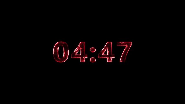 Starting soon glowing neon Digital countdown clock timer in 5 minute to zero second. neon text number on isolated background.