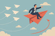 © Susann - Change career path or different direction. Leadership and individual freedom to choose your own way. Courage to see opportunity. Businessman flying to success on paper plane.