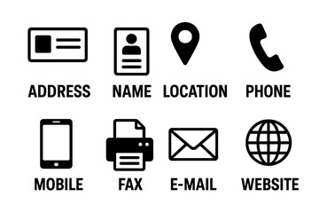 Poster - Contact us icons set. Business card and website information symbols. Vector collection of simple flat glyphs for address, phone, mobile, email, location, fax and web page.