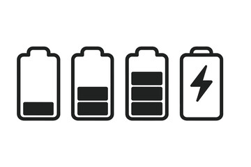 Fototapete - Battery charge level indicator icons set. Low and full energy status symbol for mobile app and web ui. Power charger sign. Alkaline accumulator load progress vector.