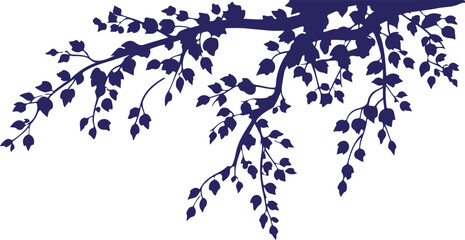 Vector art of a blue silhouette of a tree branch with leaves