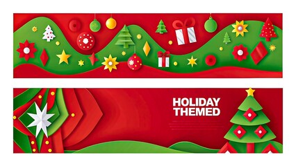 Poster - Christmas holiday banners with trees, gifts, ornaments and festive decorations

