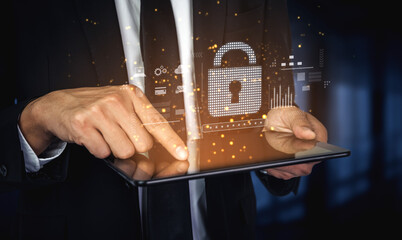 Poster - Cybersecurity protection system showing password encryption, fingerprint ID, cloud security, email, credit card, and database lock for secure data access Vouch