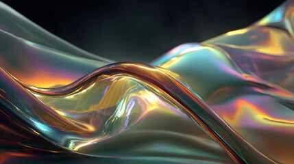 Poster - Abstract dark holographic iridescent neon background. Fluid liquid glass curved wave in motion 3d render. Gradient design elements for banners, backgrounds