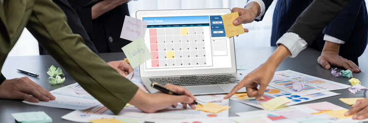 Poster - Analyst team use sticky note for creative and analytic brainstorm for business idea with BI data dashboard on laptop screen. Analysis financial data visualization tech for marketing strategy. Prodigy