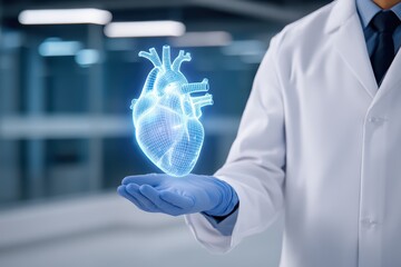 Aufkleber - Digital Heart Model in Medical Research Setting with Doctor in Lab Coat and Blue Gloves Visualizing Cardiology Concepts
