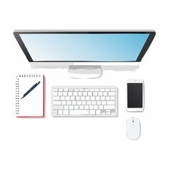 Poster - Overhead View of Modern Workspace Computer Keyboard Notepad and Smartphone