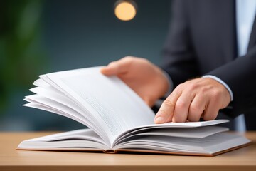 Poster - Professional Person Browsing Through Pages of a Modern Book in Office Setting