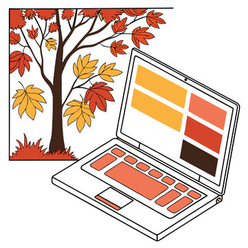 Isometric laptop with fall leaves and cup of tea creating a cozy autumn workspace illustration