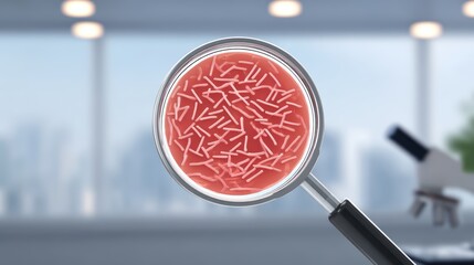Poster - Microscopic Analysis of Bacterial Culture Sample in Laboratory with Modern Equipment and Blurred Office Background