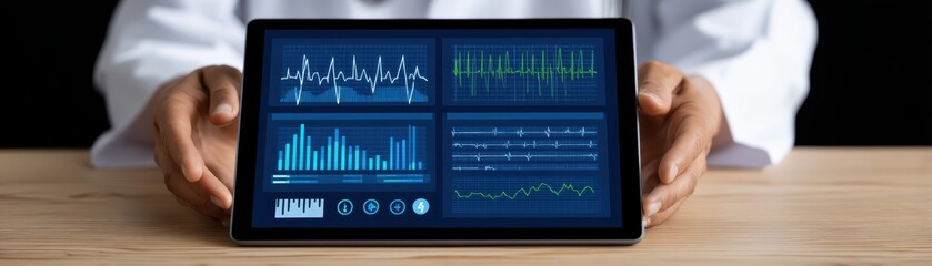 Poster - Medical Professional Displaying Digital Health Monitoring Data on Tablet Screen with Multicolor Graphs and Vital Signs Readings