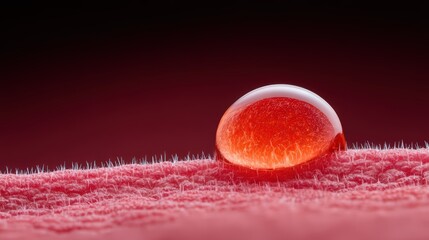 Poster - Close-Up of a Red Water Droplet on a Textured Surface with a Dark Background
