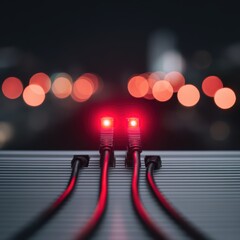 Poster - Close-Up View of Network Cables with Illuminated Connectors Against a Blurry Urban Background at Night