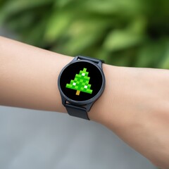 Poster - Smartwatch with Pixel Art Christmas Tree Display on a Person's Wrist against a Natural Background