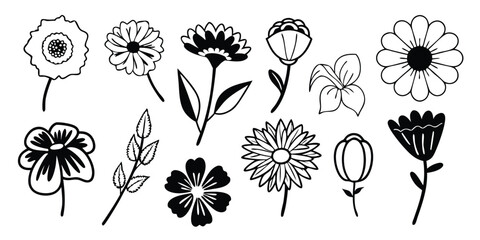 Aufkleber - 12 Flower Line Silhouette Variations on transparent background