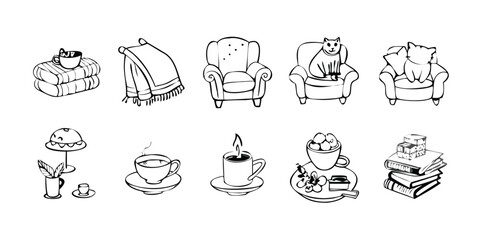 Aufkleber - Cozy Home Doodle Icon Set with 12 Variations Featuring Simple Line Art for House Furniture and Decor Elements on Transparent Background bundle cozy home doodle