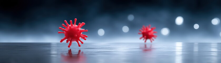 Poster - Red Virus Particles on a Dark Surface with Abstract Blurry Background for Health and Science Concepts
