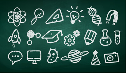 Wall Mural - vector illustration of school and science doodle icons drawn with chalk on greenboard background.