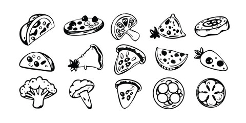 Aufkleber - 12 Pizza Doodle Silhouette Variations on Transparent Background