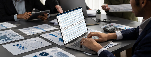 Poster - Accounting software on computer screen showing financial statement spreadsheets and account balance of corporate business offer accountant a fine calculation accounting brisk