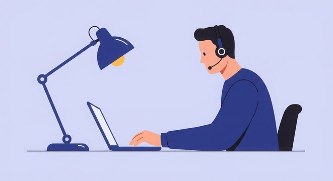 Man with headset working on laptop under desk lamp in a minimalist illustration