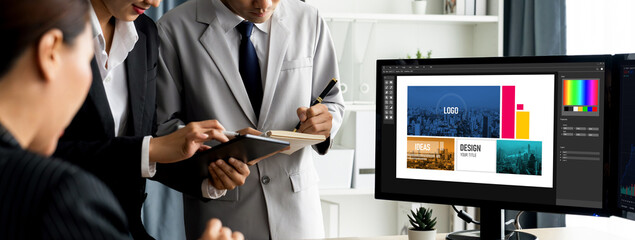 Fototapete - Graphic designer software for modern design of web page and commercial brisk ads showing on the computer screen