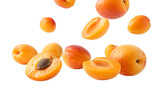 Apricots levitate flying on a white background ripe fruit PNG. AI GENERATED.