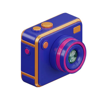 Stylized 3d rendering of a modern blue digital camera with gold accents isolated on transparent background