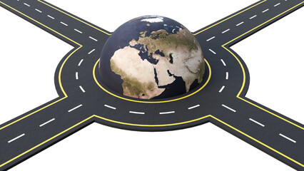 Poster - 3d illustration of earth globe and crossroads isolated on background. Ring of the crossroads around globe isolated. World and asphalt roads circle. 