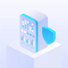 Poster - Server with a shield, symbolizing security and protection of data. Ideal for tech-related themes, cybersecurity concepts, or innovative digital solutions. Vector isometric illustration.