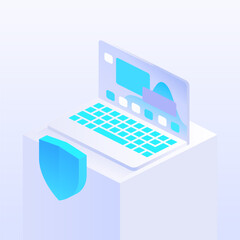 Poster - Laptop with a large translucent shield, symbolizing security and protection. Ideal for tech-related themes, cybersecurity concepts or innovative digital solutions. Vector isometric illustration