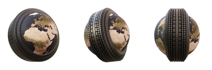 Poster - Set of tire around the world isolated on background. Wheel around the earth globe isolated. Trasportation, navigation, travel or trip concept elements.