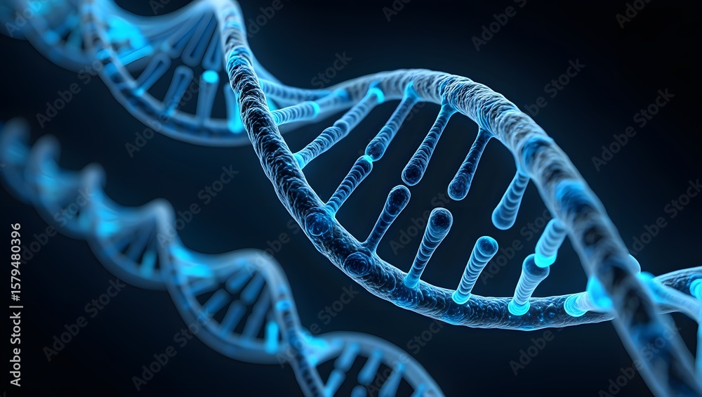 Glowing blue dna double helix structure against a dark background Stock ...