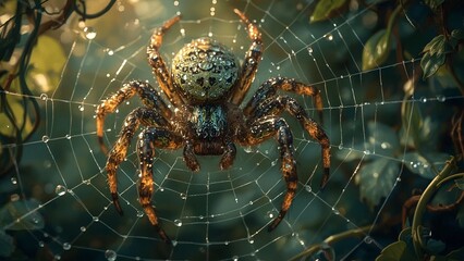 Intricate Spider Web Dew Drops Morning Light Lush Greenery Macro Photography