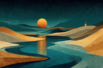 Poster - Minimalist illustration of the sun reflecting over a serene water body