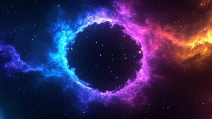Wall Mural - Dark cosmic void features swirling nebula with bright blue and pink light and distant stars