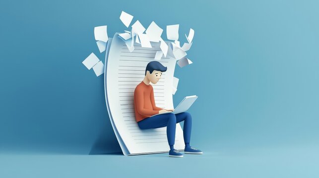 Creative illustration of a man working on a laptop with flying papers symbolizing ideas and productivity.