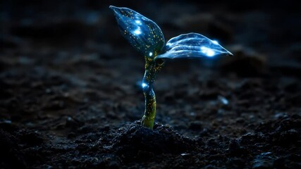 Wall Mural - Growing plant with glowing blue light particles in dark soil representing digital growth.