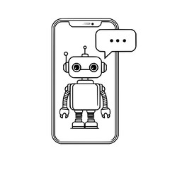 Poster - Robot inside a smartphone with a speech bubble containing three dots in a black and white illustration