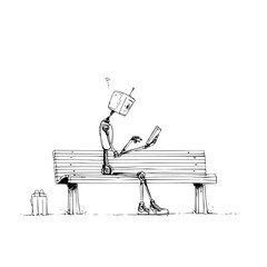 Poster - A robot sitting on a park bench looking at a phone with a shopping bag next to the bench in black and white