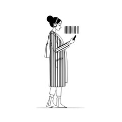 Poster - A woman in a striped coat and headphones looking at her phone with a barcode above the phone screen