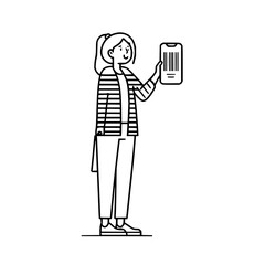 Poster - A woman in striped shirt holding a smartphone displaying a barcode in a minimalist line art style design