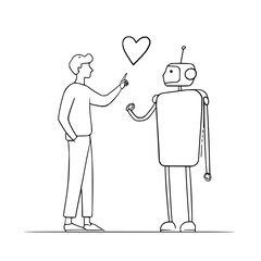 Poster - Man pointing at a heart above a robot with an antenna in a black and white line art illustration